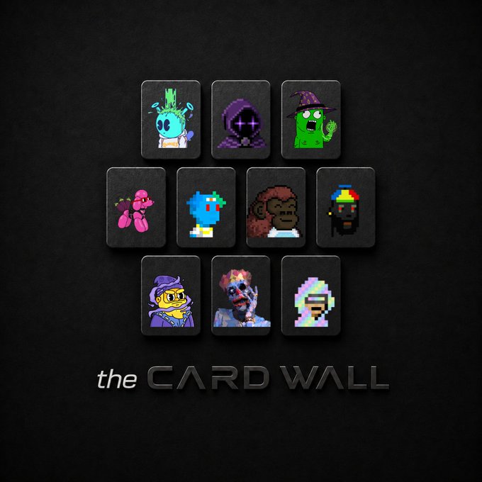 A promotional image titled 'the CARD WALL' displaying 10 pixel-art crypto-style character cards arranged in rows, featuring various characters including ghosts, skeletons, and pixelated figures.