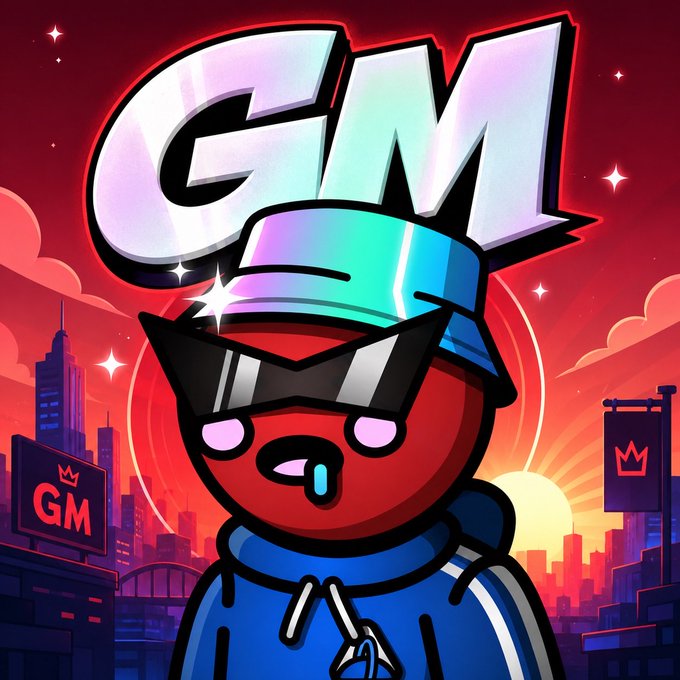 A cartoon character with a red face, wearing a blue bucket hat and hoodie, with 'GM' displayed prominently above them against a city skyline background.