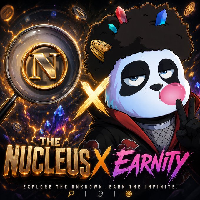 The image features a cartoon panda wearing a red cape, holding a pink bubble gum and standing next to a magnifying glass with the letters "N" and "X" on it. The background of the image has a dark purple color and is filled with various elements such as crystals and coins. The post mentions that there will be an event where people can explore the unknown, earn the infinite, and discover new things. This event seems to have a connection to the panda character in the image, possibly related to their adventures or the magnifying glass symbolizing exploration and discovery.