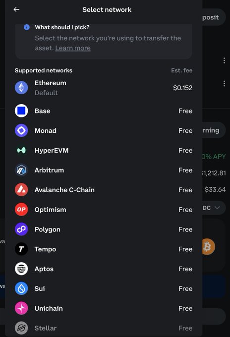 A "Select network" menu from a crypto wallet displays supported blockchains and their estimated transaction fees, showing Ethereum charging $0.152 as the default while all other networks (Base, Monad, HyperEVM, Arbitrum, Avalanche C-Chain, Optimism, Polygon, Tempo, Aptos, Sui, Unichain, and Stellar) are listed as "Free." The image directly supports the post's critique by visually proving that Ethereum is the only chain imposing a fee, reinforcing the claim that it is impractical for high-volume use cases like AI Agents.