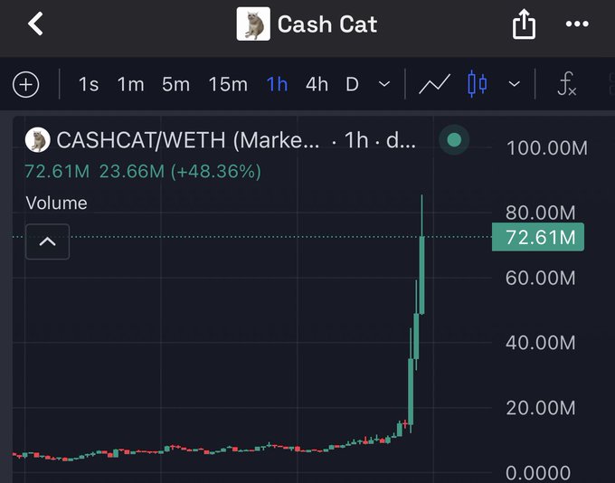 A TradingView chart for CASHCAT/WETH shows a dramatic volume spike with a 1-hour change of +48.36%, reaching 72.61M volume and 80.00M market cap, visually confirming the post's shock at Cash Cat's rapid surge.