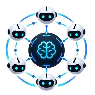 A circular graphic depicting six white robot heads with blue eyes connected by dashed lines to a central black circle featuring a glowing blue brain icon, symbolizing an AI network.