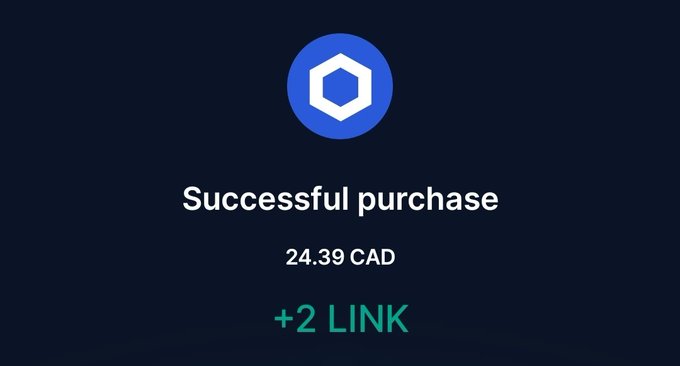 A 'Successful purchase' confirmation screen showing 24.39 CAD and '+2 LINK' on a dark blue background with a hexagonal logo.