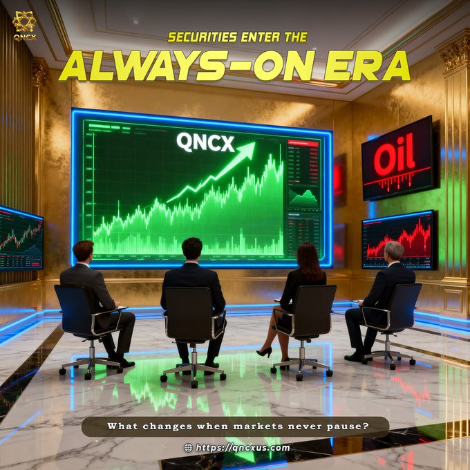 Four professionals sit before a large green QNCX stock chart with an upward arrow, alongside displays showing "Oil" and additional market data, under the banner "SECURITIES ENTER THE ALWAYS-ON ERA," visually reinforcing the post's message about 24/7 tokenized stock trading and the continuous evolution of finance highlighted by #QNCX and #TokenizedStocks.