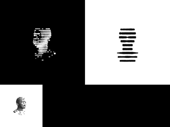 Four pixel-art style portraits of a figure made from horizontal lines, shown in different scales against black and white backgrounds.