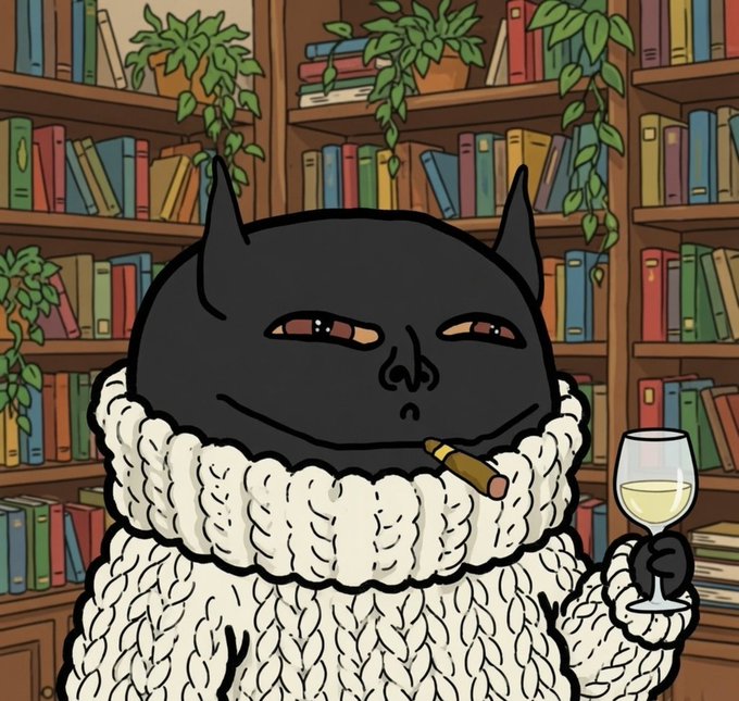 An illustration of a black demon-like figure with horns wearing a thick white knitted sweater, smoking a cigar and holding a glass of white wine in front of a bookshelf.