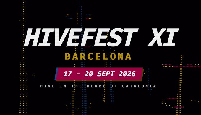 A promotional graphic for 'HIVEFEST XI' displays the text 'BARCELONA' and '17 - 20 SEPT 2026' along with 'HIVE IN THE HEART OF CATALONIA' over a dark pixelated background.