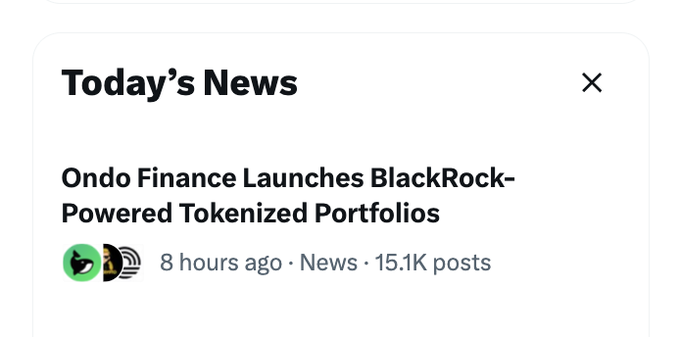 A news notification announcing 'Ondo Finance Launches BlackRock-Powered Tokenized Portfolios' posted 8 hours ago with 15.1K posts.