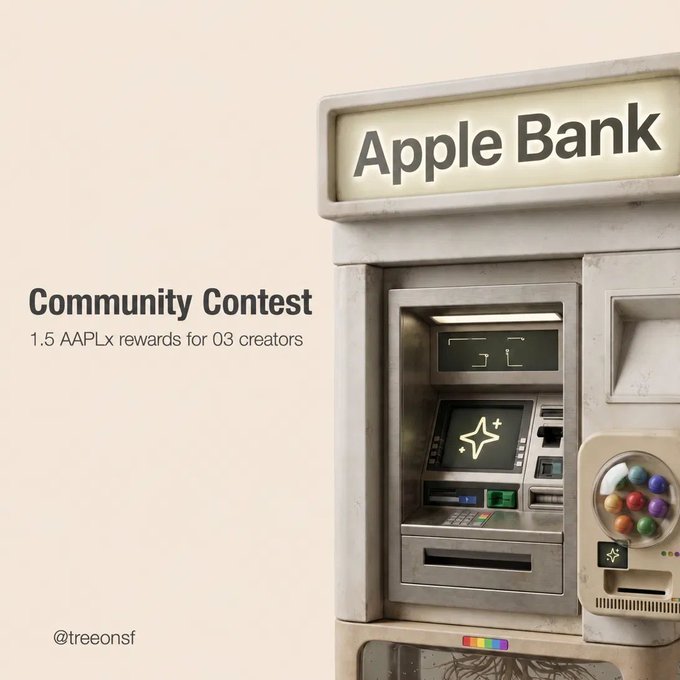 A promotional graphic featuring a 3D render of an ATM labeled 'Apple Bank' with a colorful bubble gum dispenser, advertising a 'Community Contest' offering 1.5 AAPLx rewards for 03 creators, tagged @treeonsf.