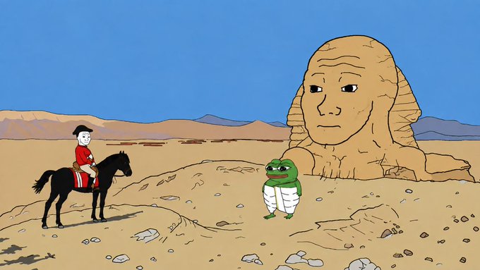 A rider on horseback encounters Pepe the Frog standing before the Great Sphinx in a vast, roadless desert landscape. The meme's reference to Pepecoin (@pepecoineth) ties into the image's depiction of Pepe as an ancient, mysterious figure waiting in the barren sands, fitting the post's theme of venturing into uncharted territory.
