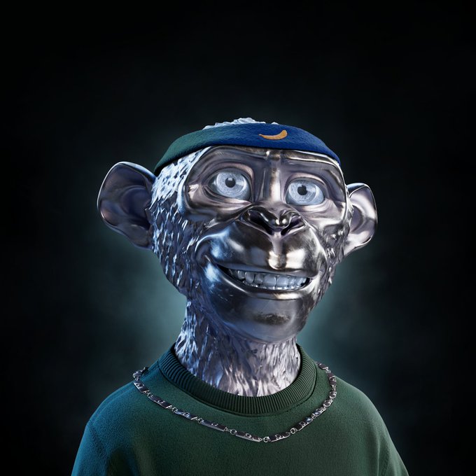 A 3D-rendered silver monkey avatar wearing a dark green sweater, silver chain, and a blue Nike headband smiles at the camera against a dark background.