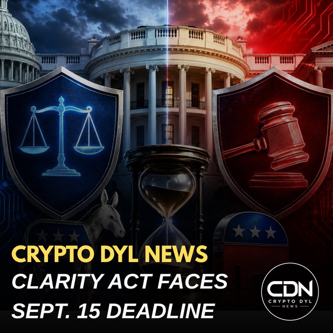 The image is a Crypto DYL News graphic featuring the U.S. Capitol building backdrop with symbols of law (scales of justice in a blue shield) and legislation (gavel in a red shield), an hourglass, a donkey (Democratic symbol), and elephant (Republican symbol) to illustrate bipartisan urgency. The bold text reads "CRYPTO DYL NEWS — CLARITY ACT FACES SEPT. 15 DEADLINE," visually reinforcing the article's warning about the September 15 cutoff for Senate Democrats to support the crypto legislation.