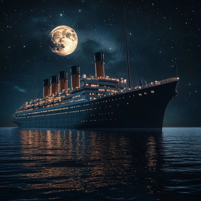 A dramatic nighttime scene depicting a large, illuminated ocean liner with four smokestacks sailing on calm waters beneath a starry sky and a large, glowing full moon.