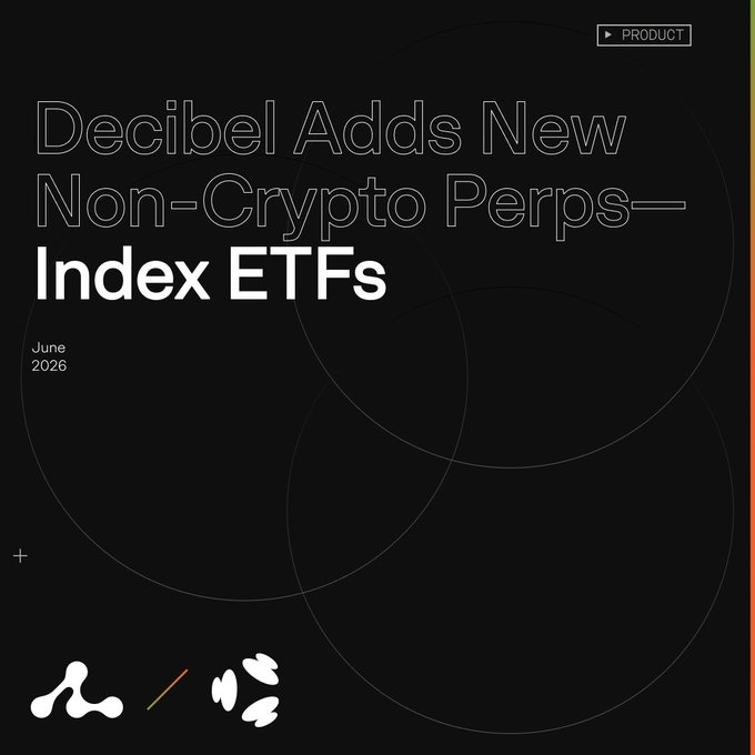This image shows a black background with white text that reads "Decibel adds new non-crypto perps Index ETFs: SPY, QQQ, and EWY. Perps on U.S. and Korean index ETFs. 24/7 exposure. same onchain execution engine - built on @Aptos , incubated by Aptos Labs". The text is the main focus of this image, while the logo at the bottom, which features a circle with two dots within it, adds some visual interest to the otherwise monochrome setting.