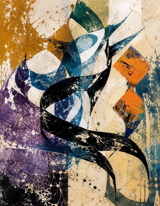 An abstract mixed-media artwork featuring bold black calligraphic curves and blue, purple, and orange geometric shapes layered over a textured beige background.