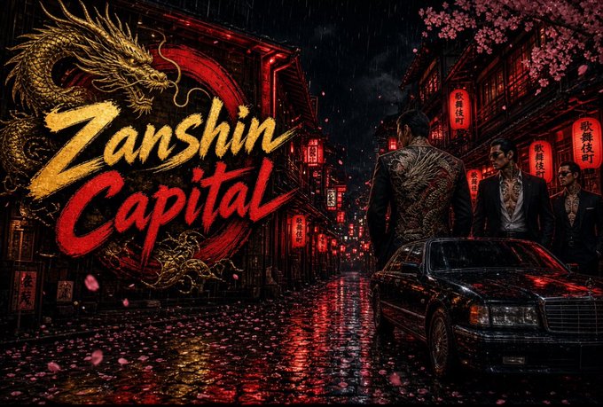A stylized promotional artwork titled 'Zanshin Capital' featuring a golden dragon, cherry blossoms, a black Mercedes, and men in suits in a neon-lit street.