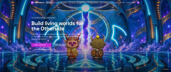A vibrant, purple-toned webpage for "Otherside," an MMORPG by MUD Productions, with the headline "Build living worlds for the Otherside" above two cartoonish, ornately decorated avatars.