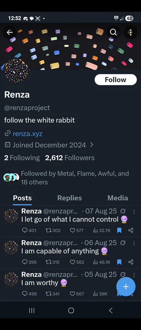 A screenshot of the Twitter/X profile for "Renza" (@renzaproject), which displays 2,612 followers and posts stating "I let go of what I cannot control," "I am capable of anything," and "I am worthy"—content that aligns with the accompanying post criticizing the "baby fadenza" scam and its associated engagement-farming posts.