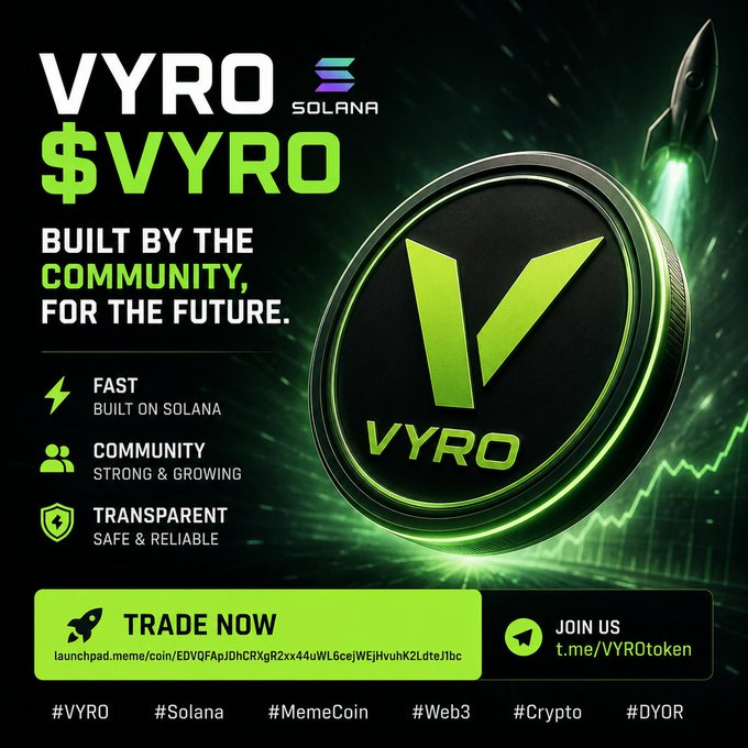 Promotional graphic for the $VYRO meme coin on Solana, featuring a large green V logo coin, a rocket, and tags #VYRO #Solana #MemeCoin #Web3 #Crypto #DYOR.