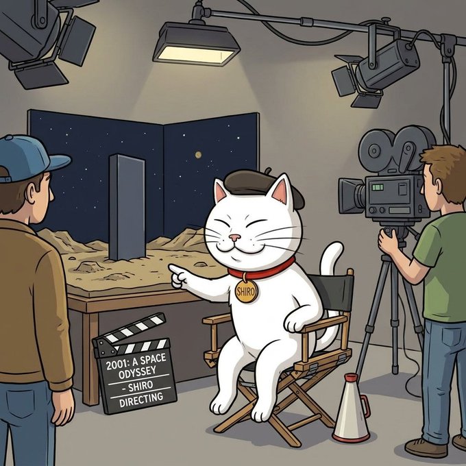 The image features a cartoon cat sitting in an office chair, with two men standing behind him. One man has a camera set up next to the cat, while another man holds a microphone. The scene appears to be from a movie or TV show production, as indicated by the presence of a "camera $SHIRO" sign and the fact that the cat is sitting in an office chair rather than on a film set.