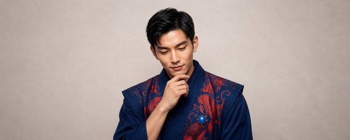 A young man with dark hair poses thoughtfully with his hand on his chin, wearing a navy blue traditional garment featuring red dragon embroidery.