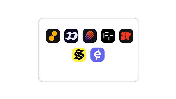 A white card displays seven cryptocurrency and app icons, including what appears to be Polygon, Magic Eden, EVM, FT, and other related platform logos.