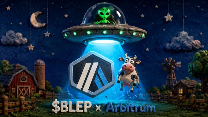 A whimsical digital artwork shows a UFO beaming up a cow above a farm scene, featuring the Arbitrum logo and text reading '$BLEP x Arbitrum.'