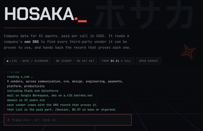 A website for 'HOSAKA' (ホサカ) describing company data services for AI agents, featuring menu options like 'LIVE - BASE / ALGORAND', 'NO SIGNUP - NO API KEY', and 'FROM $0.01 A CALL'.