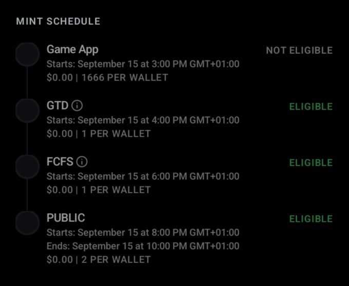 A 'MINT SCHEDULE' displays four phases—Game App (Not Eligible), GTD, FCFS, and Public—starting on September 15 at various times GMT+01:00.