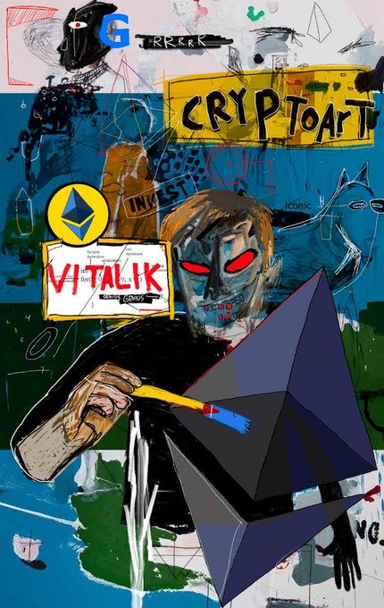 A street art-style mixed-media illustration features a masked figure with glowing red eyes painting a large dark Ethereum (ETH) logo with a brush, surrounded by graffiti text including 'CRYPTOART', 'VITALIK', and the Ethereum symbol.