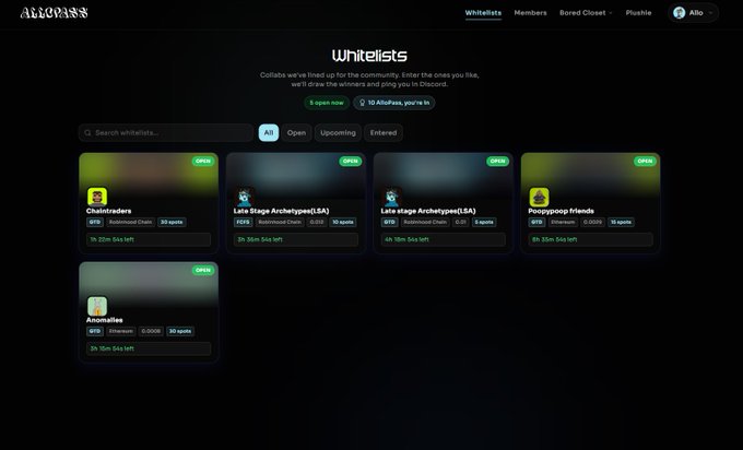 The AllCore.app 'Whitellists' dashboard showing several whitelists including 'Chakraders', 'Late Stage Archetypes(LSA)', 'Povogpoop friends', and 'Anomalies', with open times like '2h 25m 54s left'.