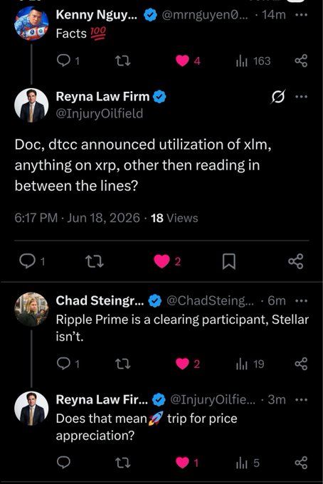 The image shows a Twitter feed with three posts displayed on it. The first post is about a man named Reyna Law Firm who has tweeted something about xim, and the second post is about a man named Chad Steingrätger who has tweeted that he's not giving any financial advice based on hypes without facts. The third post is about a man named Rilee Prime who has tweeted that he's not interested in a clearing participant, and it appears to be a retweet of the first two posts.