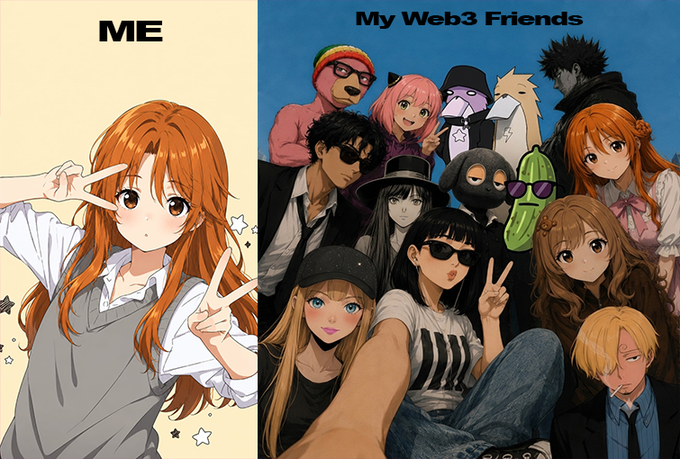A two-panel anime meme comparing "ME" (a single orange-haired girl) to "My Web3 Friends" (a large diverse group of anime characters taking a group selfie).