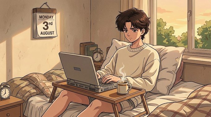 Anime-style illustration of a young man in a cream sweater working on a laptop in bed with a coffee mug, beside a calendar reading 'MONDAY 3rd AUGUST'.