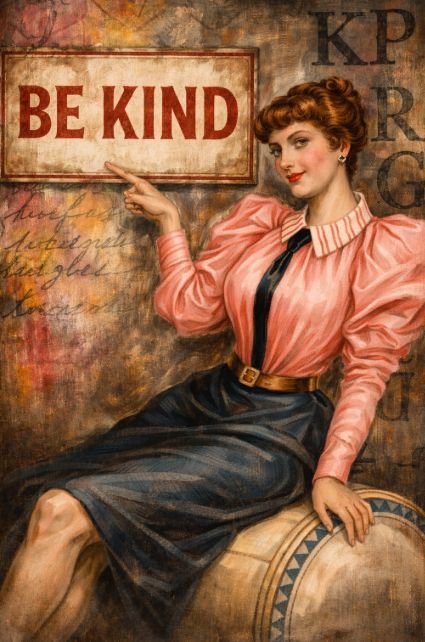 A vintage-style illustration features a woman in a pink blouse and dark skirt pointing toward a sign reading "BE KIND," accompanied by faint script lettering and alphabet details in the background. The artwork aligns with the post's message of kindness, fitting the uplifting spirit of "Happy #TEZOSTUESDAY."