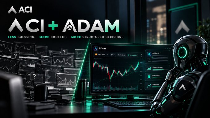 A promotional graphic for 'ACI + ADAM' with the tagline 'Less Guessing. More Context. More Structured Decisions,' featuring a futuristic robot looking at a trading interface alongside financial charts.