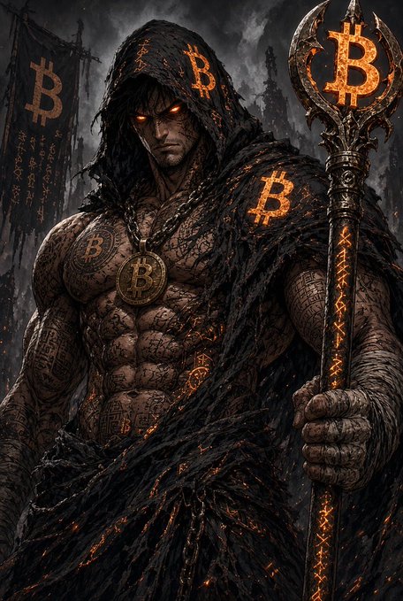 A fantasy illustration depicts a hooded, muscular warrior with glowing orange eyes, Bitcoin symbols on his body, and an ornate Bitcoin-topped staff.