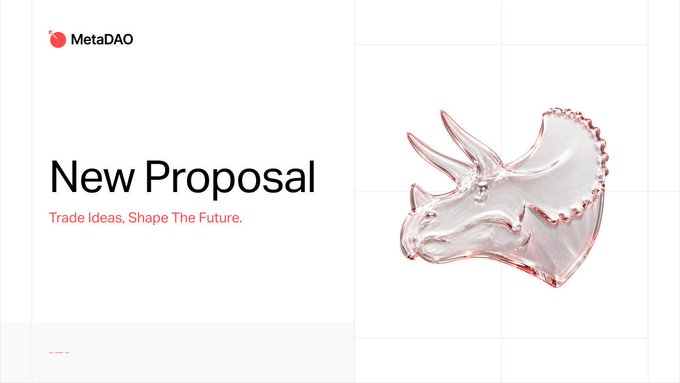 The image contains a poster with a close-up of a red triceratops head and the words "New Proposal" written at the top. Below, there's an explanation of the proposal that says "Trade ideas, shape the future". The main text on the poster talks about a new proposal to create legal structures for obtaining dinosaur fossils through a $19,000 treasury spending.