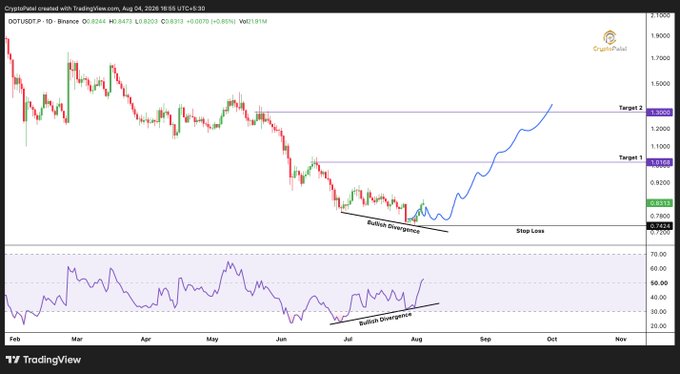 A daily candlestick chart for DOTUSDT (Binance) on TradingView shows a bullish divergence pattern, with price forming lower lows while RSI makes higher lows. Key levels are marked: Stop Loss below $0.74, Target 1 at $1.0193, and Target 2 at $1.2802, supporting a potential reversal from the current ~$0.82 price.