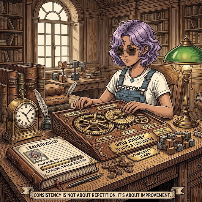 An illustration of a person with purple hair and sunglasses working with intricate gears on a desk in a library setting; visible text includes 'WEBS JOURNEY: 30 DAYS & CONTINUING', 'LEADERBOARD', and the quote 'CONSISTENCY IS NOT ABOUT REPETITION. IT'S ABOUT IMPROVEMENT.'