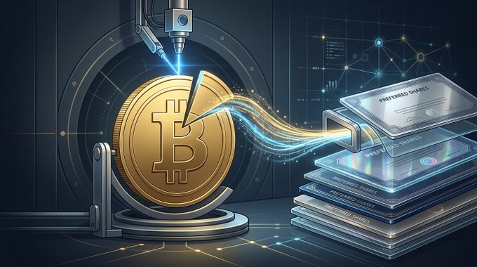 A digital illustration showing a laser engraving machine minting a gold Bitcoin coin alongside a stack of silver 'PREFERRED SHARES' documents with a glowing data stream connecting them.