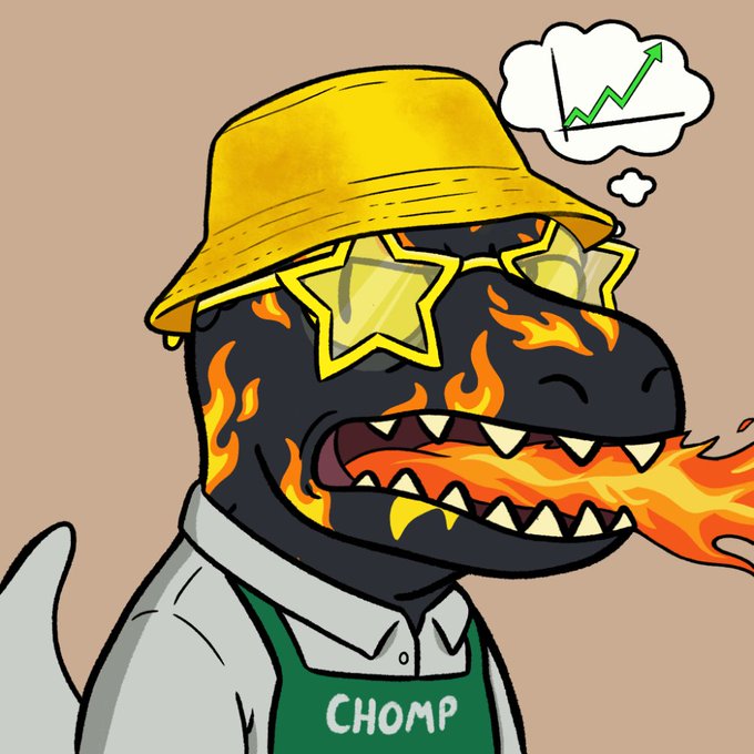 A cartoon illustration of a black dinosaur-like character breathing fire, wearing a yellow bucket hat with star-shaped sunglasses and a green apron labeled 'CHOMP', with a thought bubble showing a rising stock graph.