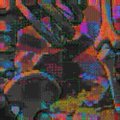A colorful abstract or psychedelic image with swirling patterns in black, orange, pink, and green.