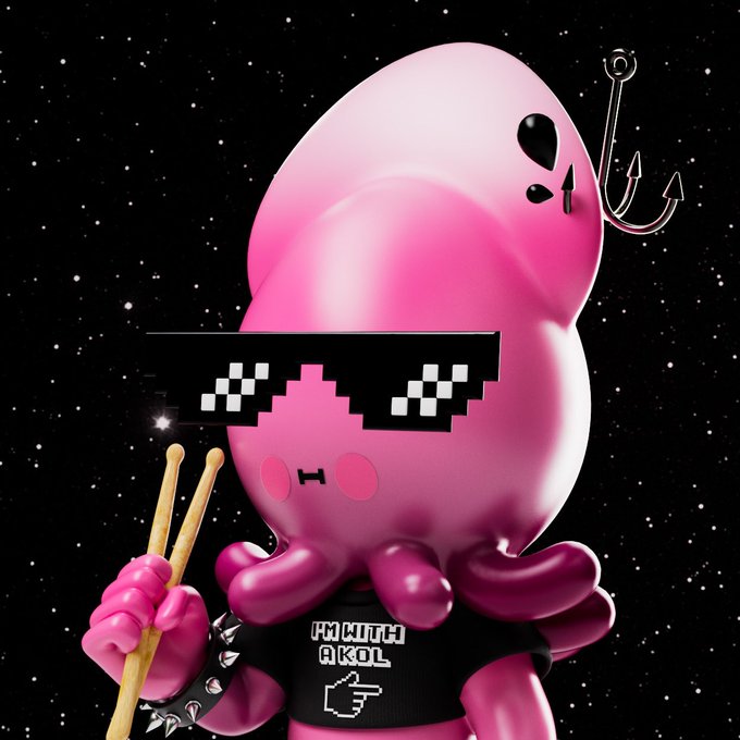 A 3D-rendered pink octopus character wearing pixelated "deal with it" sunglasses, a spiked wristband, and a black shirt reading "I'M WITH AKOL" holds drumsticks against a starry space background, with a silver fishhook piercing through its face. The post's reference to a new X algo timeline test aligns with the image's playful, attention-grabbing aesthetic designed to test visibility in feeds.