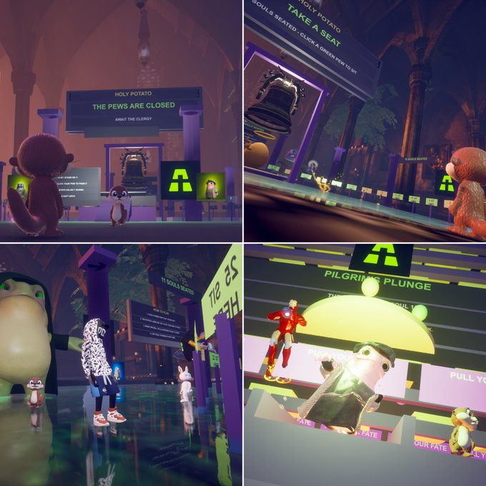 A collage of screenshots from a virtual reality game showing cartoonish animal characters in a cathedral-like environment with neon green signs reading 'HOLY POTATO TAKE A SEAT', 'TAKE A SEAT', 'PILGRIM'S PLUNGE', and 'THE PEWS ARE CLOSED'.