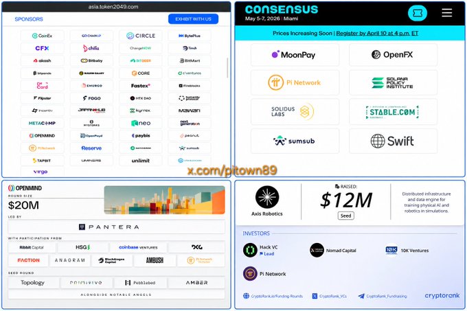 A collage showing Pi Network's continued industry presence, featuring the Consensus 2026 (Miami) conference page listing Pi Network among notable sponsors like MoonPay, OpenFX, Solidus Labs, and Swift, alongside other crypto events such as Asia Token 2049 sponsors and a $20M raise by OpenMind led by Pantera. The image supports the caption by visually demonstrating that despite bearish price sentiment ("PI IS DEAD"), the Pi Core Team remains actively engaged in major crypto conferences, reinforcing the argument that real-world development continues beyond market charts.