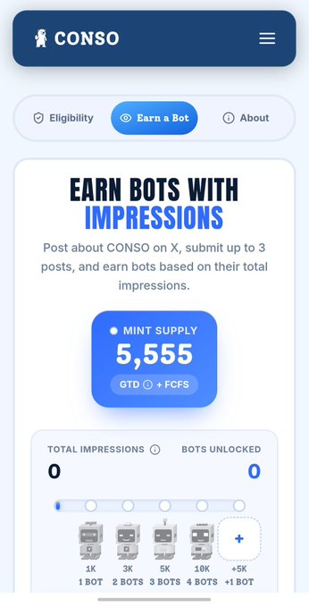 A mobile app screen for 'CONSO' displaying an 'Earn Bots With Impressions' campaign with a mint supply of 5,555 tokens.
