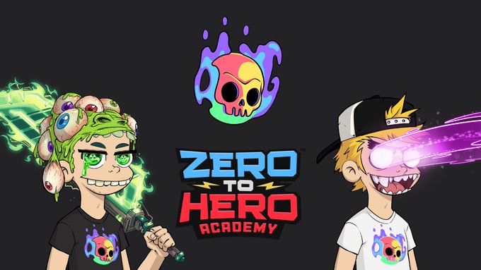 Promotional artwork for 'ZERO TO HERO ACADEMY' featuring two cartoon characters with green and pink energy effects and a colorful skull logo.