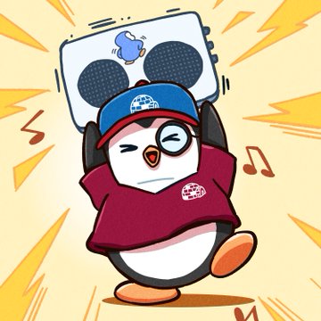 A cartoon illustration of a penguin character wearing a red hoodie, blue cap, and headphones, dancing with musical notes and a small blue creature on its boombox.