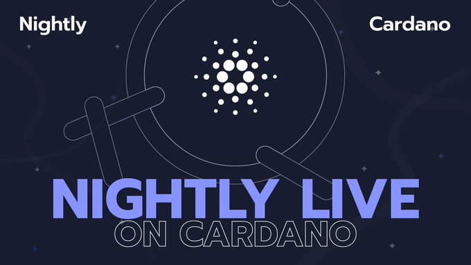 A promotional graphic with a dark navy background featuring the Cardano logo, displaying text 'Nightly' in the top-left, 'Cardano' in the top-right, and large purple text 'NIGHTLY LIVE ON CARDANO' at the bottom alongside a stylized telescope illustration.